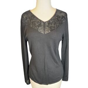 Nordstrom Studio 121 Black 100% Wool Beaded V Neck Sweater Old Money Chic Medium